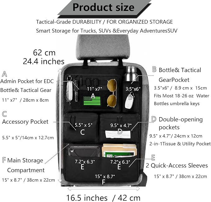2 Pack Tactical Seat Back Organizer - Heavy Duty MOLLE Panel Organizer with Multiple Pockets & Seat Side Pocket Panel for EDC Gear, Road Trip Essentials Fit for Car SUV Truck Ford (Black integrated) - Image 2