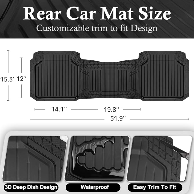 CAR PASS Heavy Duty Rubber Rear Car Mat, Deep Dish Car Floor Mats All Weather, Universal Trim to Fit for SUV Trucks Sedans, Odorless Waterproof Anti-Slip, Easy to Clean Car Mats (Black Rear) - Image 3