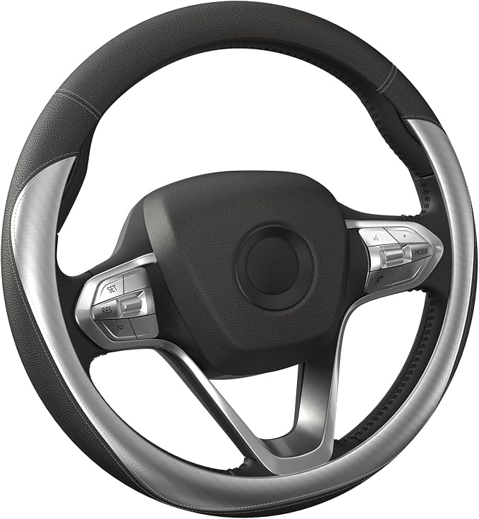 HOTOR Car Leather Steering Wheel Cover, Universal 14.5"-15", Carbon Gray | Universal Car Accessory for Diverse Cars, Car Steering Wheel Cover with Anti-Slip Lining, Full Protection, Easy Installation by HOTOR