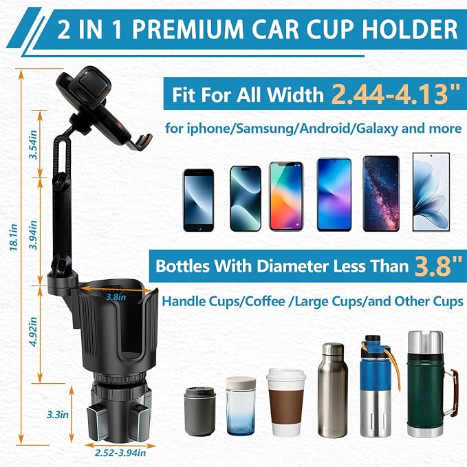 SAMPUSS 2-in-1 Phone Holders for Your Car Car Cup Holder Car Phone Holder | 360° rotation 2-in-1 function car phone mount with long arm universal smartphone phone holder car cup holder expander - Image 3