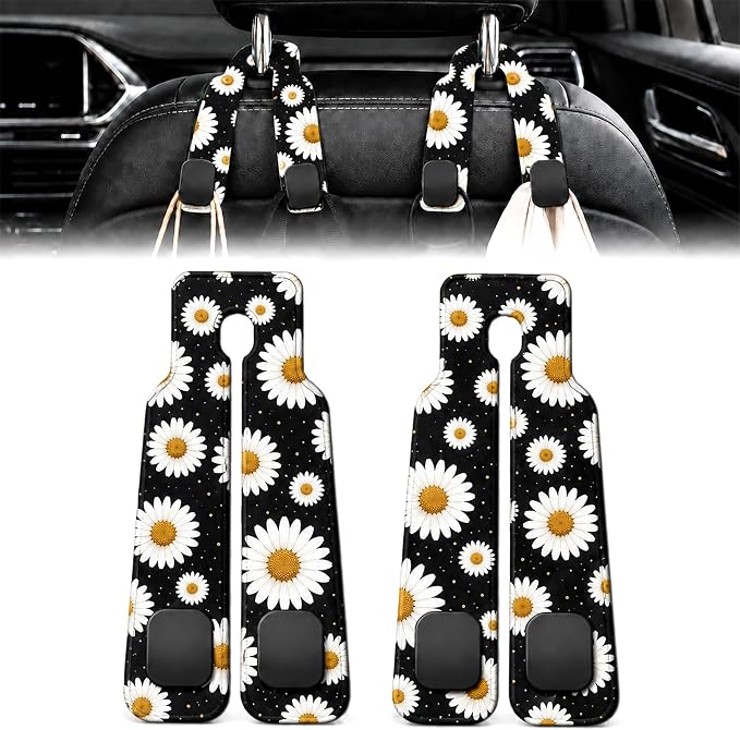 2 Pack Daisy Floral Car Headrest Hooks for Purse Bag Seat Back Hanger | White Daisy Car Accessories Metal Hook, Floral Gifts for Women, PU Leather Double Hook for Backseat Organizer by Z-synka