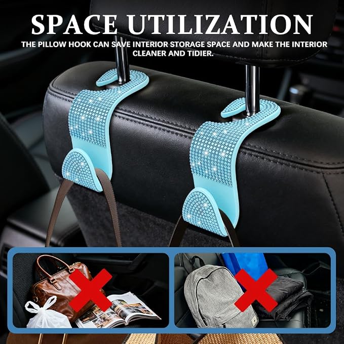 4PCS Bling Car Seat Headrest Hooks, Purse Holder for Car, Vehicle Back Seat Purse Handbag Hanging Holder with Crystal Rhinestone, Diamond Car Rear Seat Organizer for Vehicles (Lake Blue) - Image 5