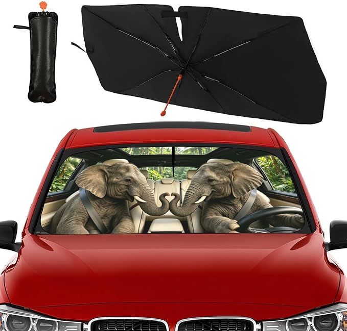 Elephant Driving Car Windshield Sun Shade Umbrella Elephant Gifts for Women Foldable Funny Animal Sunshade for Car Windshield Block UV Rays for Fits Most Sedans SUV Trucks Cars 57"x30" - Image 4