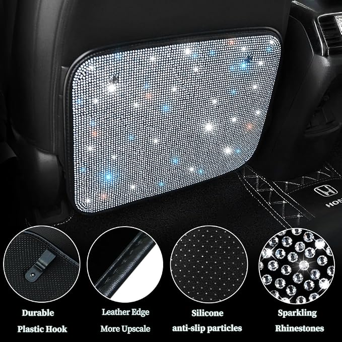 Bling Rhinestone Kick Mats Back Seat Protectors - Premium Car Seat Back Protector with Crystal Diamonds, Fits Most Cars - Stylish Car Interior Decor Accessories for Women & Girls White 2Pcs - Image 2