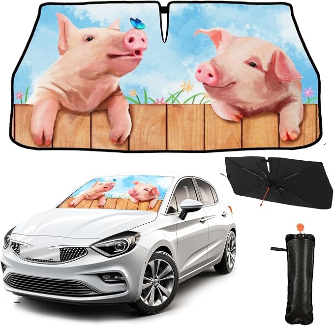 CHILL·TEK Funny Animal Car Windshield Sun Shade Umbrella, Cute Pig Car Sun Shade Umbrella, Block UV Rays Heat Foldable Windshield Umbrella Sun Visor Protector - Keep Vehicle Cool for Cars SUV by CHILL%C2%B7TEK