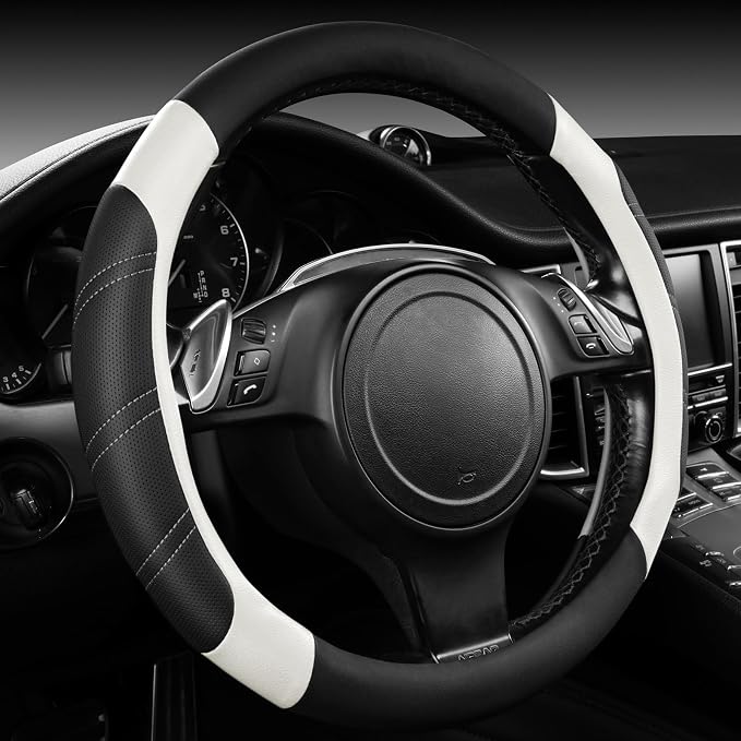 CAR PASS Leather Steering Wheel Cover and Waterproof Car Floor Mats, Microfiber Universal Car Combo Fit for 95% Sedan SUV Van,14.5-15 inch Sporty Anti-Slip Safety Comfortable Design, Black＆White - Image 8