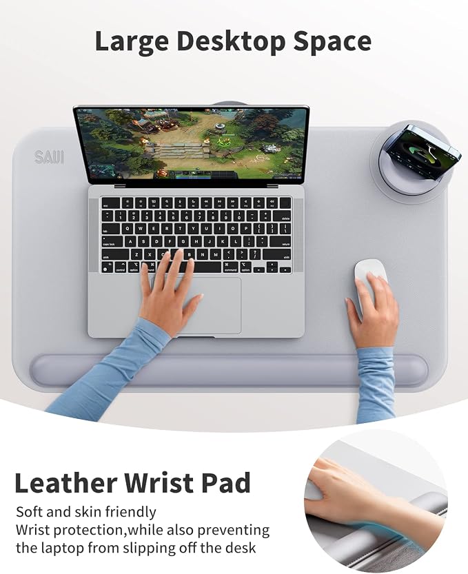 SAIJI Laptop Lap Desk with External Monitor Holder Fits Up to 17" Laptops | Lightweight Lap Tray Table Stand with Soft Leather Wrist Rest, Lap Desk with Cushion for Home Office Working On Couch & Bed - Image 2