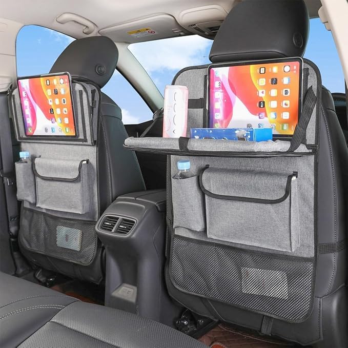 Car Backseat Organizer with Foldable Table Tray, 6 Storage Pocket Vehicle Seat Back Protector Kick Mat with Touch Screen Phone Holder, Auto Seat Organizer for Travel, Universal Fit (Grey) - Image 3