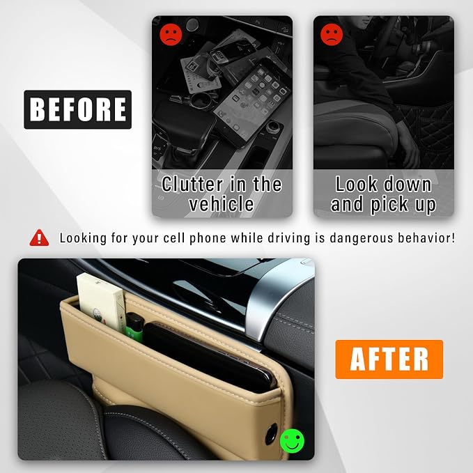 Ziciner Car Seat Gap Organizer, Premium Leather Auto Seat Storage Box, Vehicle Adjustable Front Seat Gap Filler, Car Seat Side Pocket Organizer for Phones, Glasses, Keys, Money, Cards (Beige) - Image 4