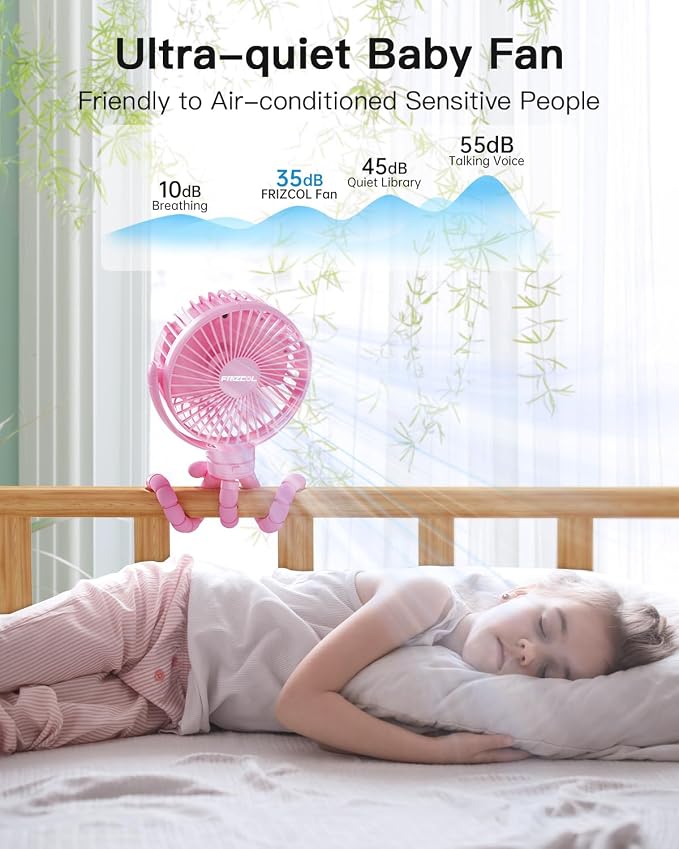 FRIZCOL 12000mAh Portable Stroller Fan, Use As Power Bank, 65H Battery Operated Fan Flexible Tripod Clip On Fans, Detachable Personal Handheld Baby Fans for Stroller, Car seat, Desk, Treadmill（Pink） - Image 4