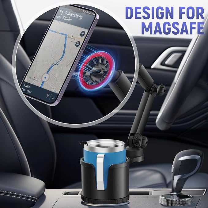 Magnetic Car Cup Holder with Phone Holder, 360° Rotating Cup Holder Expander Phone Holder, N52 Magnets Universal Car Mount with Adjustable Base for iPhone Samsung All Smartphones - Image 2