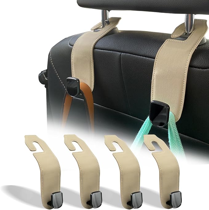 Car Seat Headrest Hook, 4 Pack Leather Car Purses and Bags Hooks Holder Hanger for Groceries Organization Accessories, Tan by Teoenix