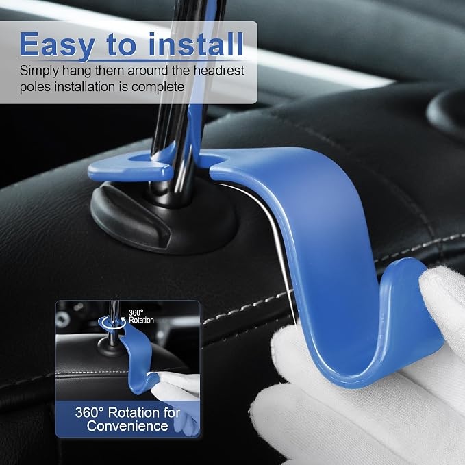 LivTee Car Seat Headrest Hook, Car Headrest Hidden Hook, 4 Pack Universal Auto Car Back Seat Hook Organizer for Purse Coat, Car Interior Accessories (Blue) - Image 4