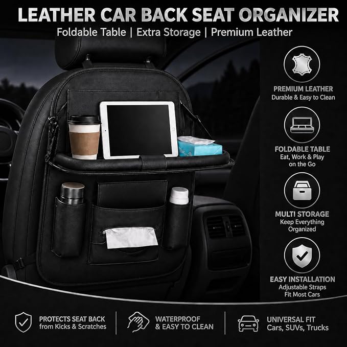 2 Pack Leather Look Car Backseat Organizer with Tablet Holder, Foldable Tray, 8 Storage Pockets, Cup Holder, Tissue and Umbrella Slots, Seat Back Protector Kick Mat for Cars SUVs Trucks - Image 2