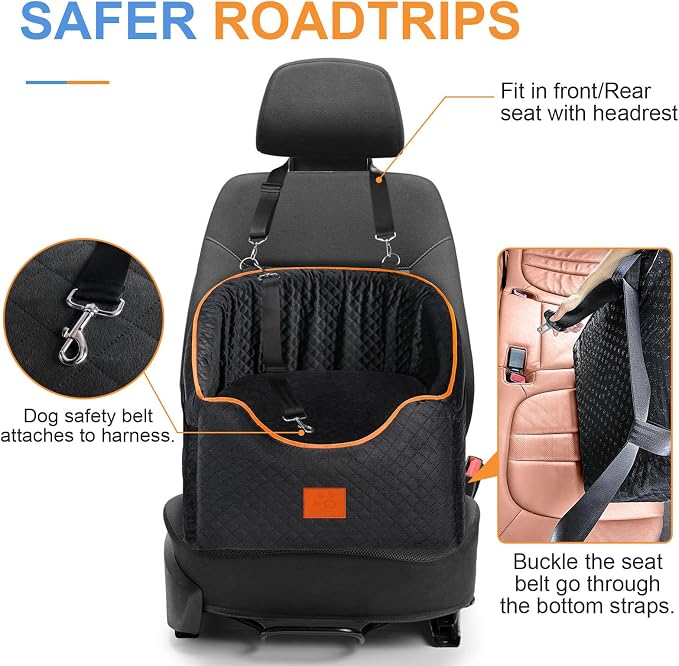 XIEEAOZEE Dog Car Seat for Small Dogs, Memory Foam Booster Dog Seat for Dogs up to 35 lbs, Elevated Pet Car Seat with Washable Removable Cover, Storage Pockets (Black) - Image 4
