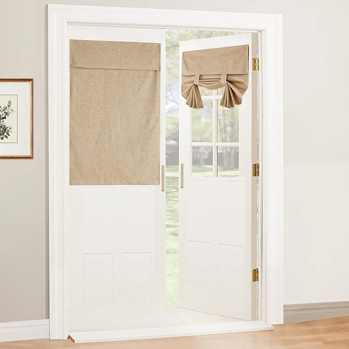 RYB HOME Natural Linen Textured French Door Window Curtains 100% Blackout | Self Adhesive, Thermal Insulated Privacy Energy Saving, Shades for Nursery Office Patio Glass Door, W26 x L40, 1 Panel by RYBHOME