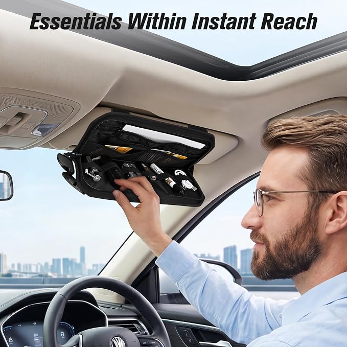 1000D Polyester Car Sun Visor Organizer with Sunglasses Holder | Tactical Organizer, MOLLE Panel, Universal, Mesh Pouch + Pen Slots + Zipper Pockets, Heavy Duty, Esay Installation - Image 5