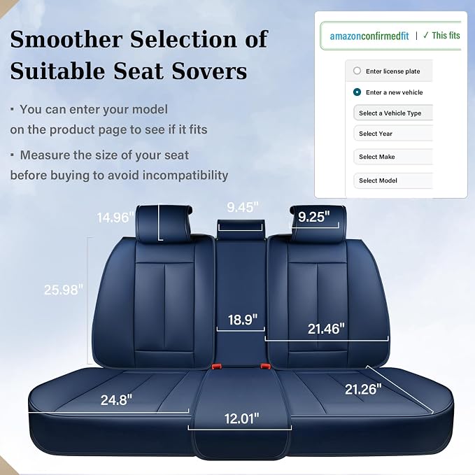 Coverado Rear Seat Covers for Cars, Back Seat Cover for Dogs, Faux Leather Car Seat Covers Backseat, Blue Car Seat Cushion, 3-Pieces Waterproof Universal Seat Covers for Cars Fit for Most Sedans SUV - Image 3