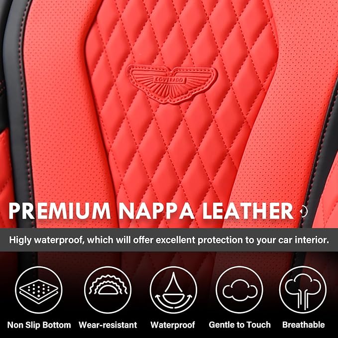 Coverado Car Seat Covers, Seat Covers Full Set, Red Car Seat Cover, Auto Seat Covers Front Seats Rear Seat Cover, Luxury Car Seat Cushion,Leather Seat Cover Seat Protector Universal Fit Most Cars - Image 8