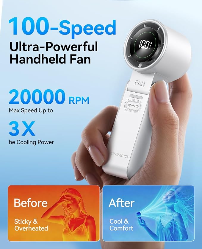 KIMMOO 2 Pack White Portable Handheld Turbo Fan-100 Speeds, Powerful 20000 RPM, 12Hrs Cooling,120° Rotation, USB Rechargeable Mini Hand Held Personal Fan for Travel Outdoor Indoor - Image 3