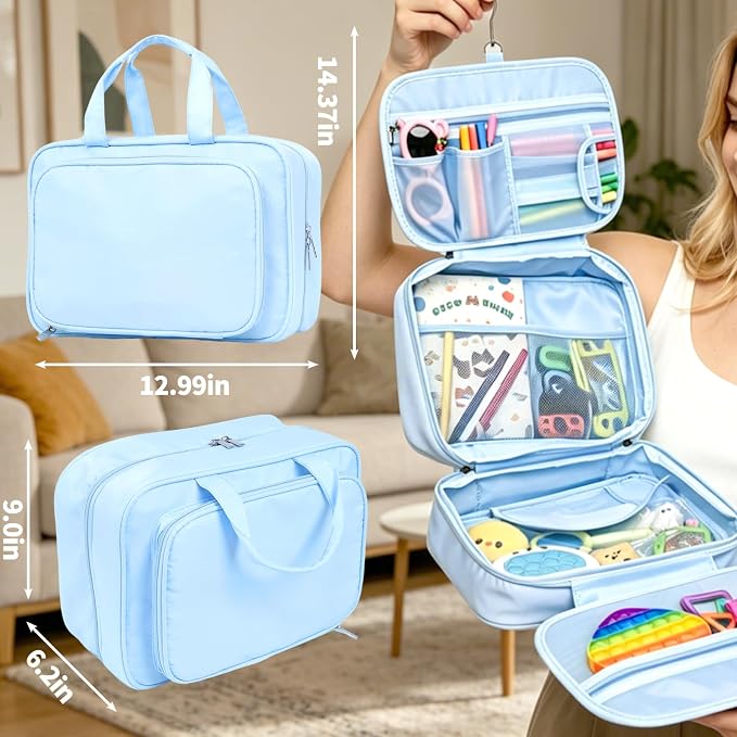 Travel Organizer, Portable Storage Bag for Toys, Snacks, & Activities, Travel Waterproof Organizer Bags with Hook & Carry Handle, Multi-Compartment (Blue) - Image 2