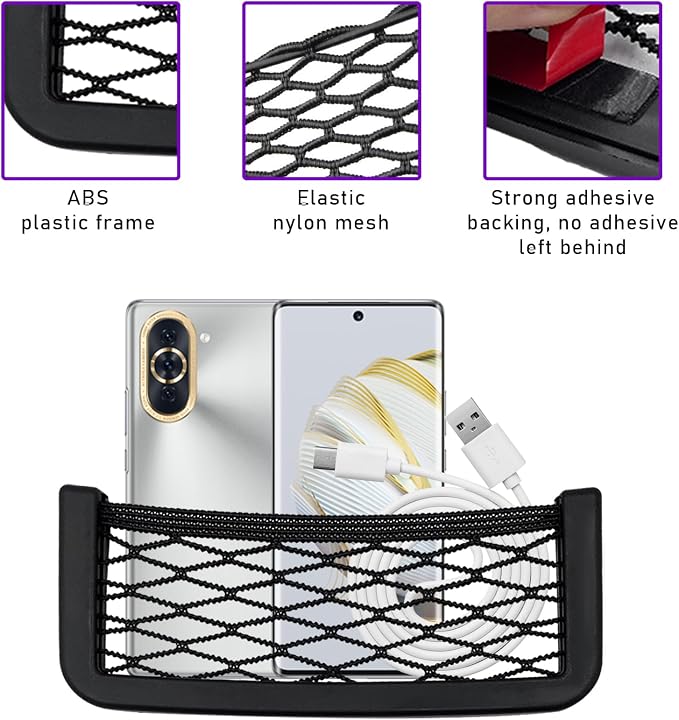 Dickno 6 PCS Car Pocket Phone Net, Universal Seat Side Storage Net Bag with Double Sided Tape, Automotive Frame Storage Net Pocket, Vehicle Interior Organizer for Phone Purse Bag - Image 3