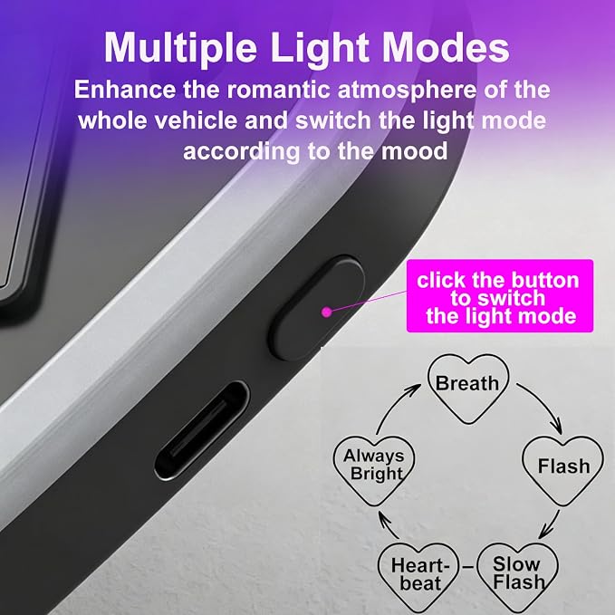 Rechargeable Solar-Powered Wireless Heart LED Light for Car Interior Decor | with 6 Lighting Modes and Vibration Sensor, Romantic Ambient Gift for Couples/Women/Men, Pink, 1 Pcs - Image 3