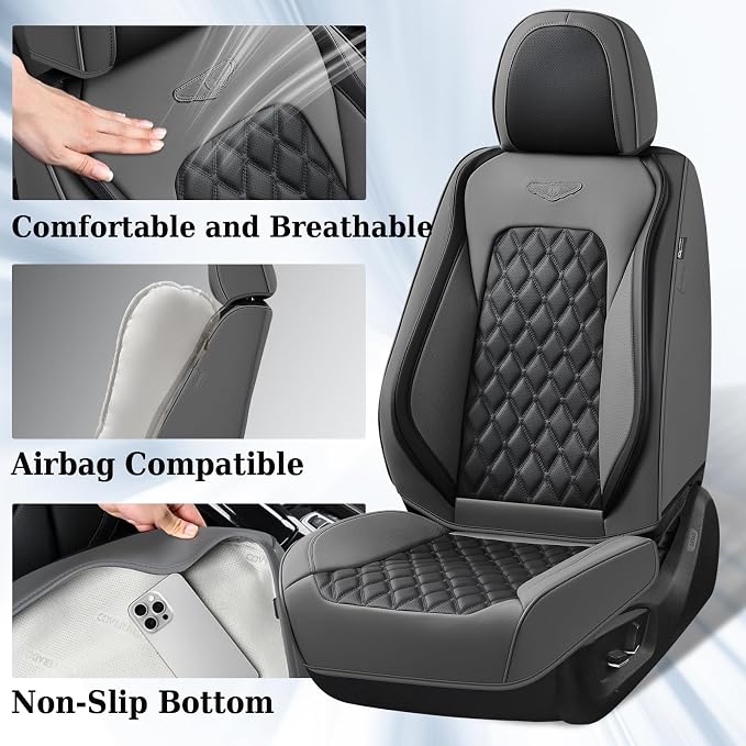 Coverado Universal Car Seat Covers Full Set, Minimalist Scratch-Resistant Waterproof Faux Leather Front & Rear Seat Protectors, Business Daily Driving – GrayBlack - Image 6