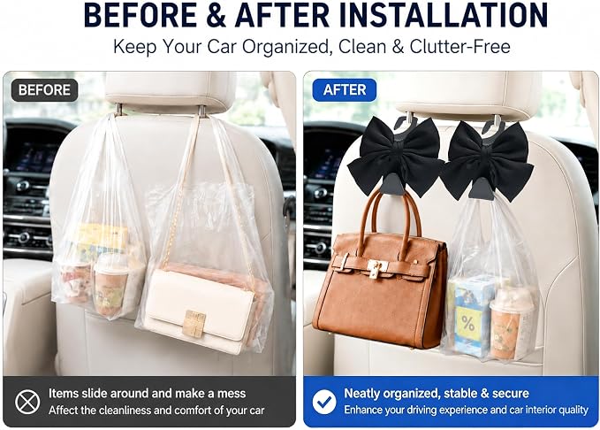 2 Pack Car Purse Hooks, Headrest Hooks for Cars, Black silk | Car Bag Hanger for Groceries, Coats, Umbrellas and Daily Essentials, Bow-Shaped Car Interior Organizer for Handbags and Bags - Image 5