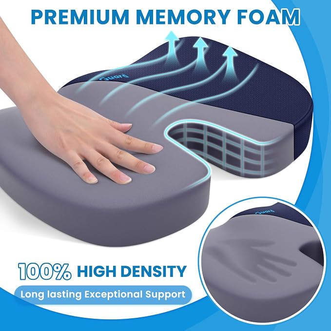 Seat Cushion for Office Chair, Memory Foam Chair Cushion, Blue | Office Chair Cushion for Car, Airplane - Chair Pad for Long Sitting Sciatica, Hip, Coccyx,Tailbone Pain Relief, Butt Pillow - Image 3