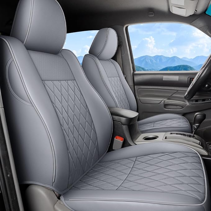 Coverado Tacoma Seat Covers, Car Seat Covers Front Seats, Leather Seat Covers for Cars Car Seat Protector Cushion Tacoma Accessories Custom Fit 2005-2023 Toyota Tacoma Double/Crew Cab(Gray) by COVERADOAUTO