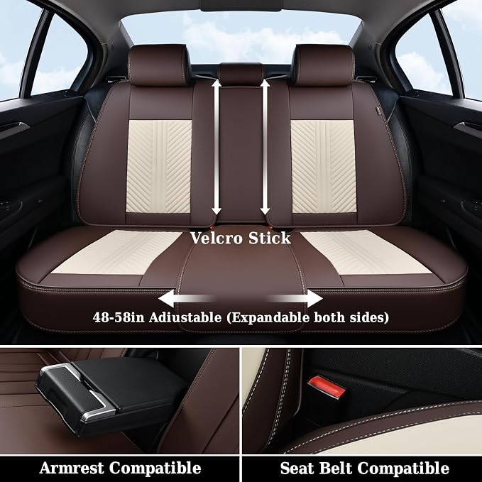 Coverado Leather Car Seat Covers Full Set, 5 Seats Waterproof Seat Covers for Cars Front and Rear Seat Cushions Protectors Universal Fit Most Vehicles (Bronw&Beige) - Image 3