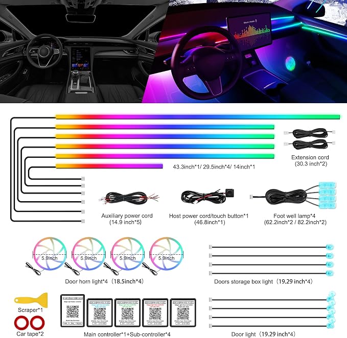 Dreamcolor Acrylic Interior Car LED Strip Light with Wireless APP, RGB 22 in 1 with 175 inches 612 LEDs Fiber Optic Strip Lights for Car, Dual Zone Symphony Neon Car Ambient Lighting - Image 3