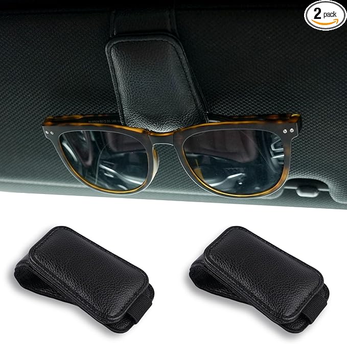 WJS 2 Packs Sunglasses Holders for Car Visor - Magnetic Leather Sunglasses Holder and Ticket Card Clip - Car Visor Accessories (Black) by WJSCar
