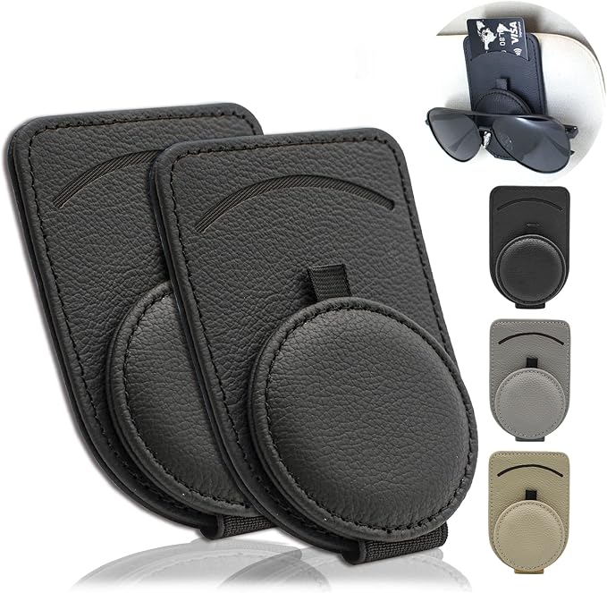 Sunglass Holder for Car Visor, Magnet Adsorbed Sunglasses Holder for Car Accessories Parts, Leather Car Sunglass Holder, Car Visor Sunglasses Clip for Glasses Cards (2PCS, Black) by Sufilux