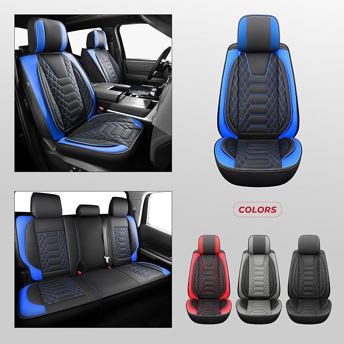 FREESOO Custom for Toyota Tundra Seat Covers 2022-2026 Crewmax Double Cab | Custom Fit, Full Set, 60/40 Split Bench, Waterproof Leather, for Truck Toyota Tundra Accessories, BlackBlue - Image 6