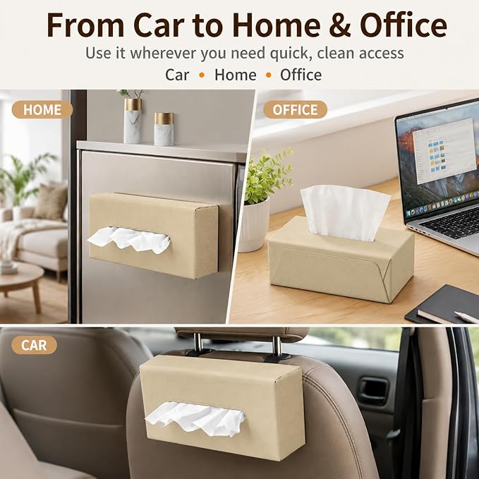 Car Tissue Holder with Magnetic & Strap Mount, Beige, 1 Pack | PU Faux Leather, For Sun Visor, Seat Back, Console, Refrigerator, Fits Standard Tissue Packs - Image 4