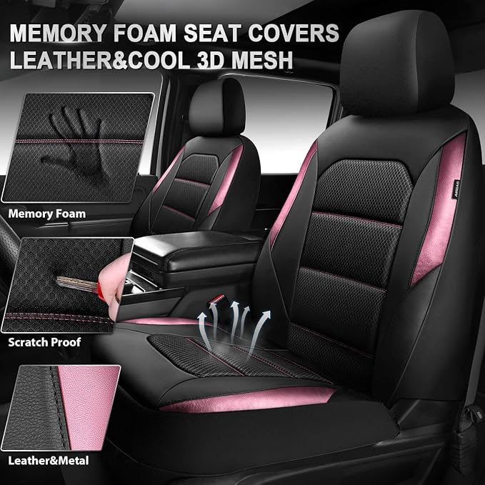 CAR PASS Memory Foam Car Seat Covers,Air Cool Mesh Thick Seat Covers Front Seats,Pink Metal Film Leather Seat Cover for Car,Universal Automotive Comfort for Most Car,Truck,Airbag Compatible,Black Pink - Image 2