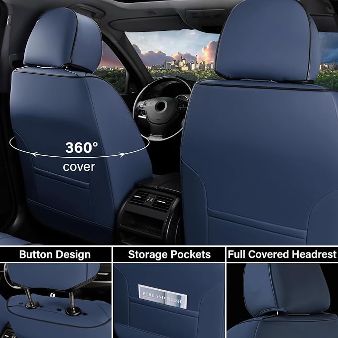 Coverado Car Seat Covers Full Set, Leather Seat Covers for Cars, Waterproof Automotive Seat Covers Car Seat Protectors Car Accessories Universal Fit for Most Sedans SUV Pick-up Truck(Blue&Beige) - Image 2
