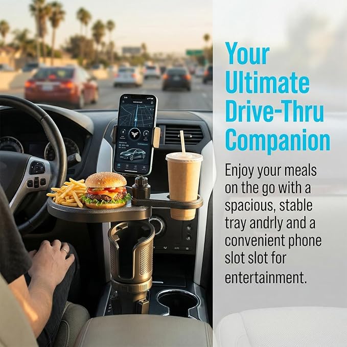 Car Cup Holder Tray, 3 in 1 Multifunctional Vehicle Food Water Bottle Phone Holder Expander Adapter with Adjustable Base, Detachable Auto Interior Food Tray Table, Universal Fit (Carbon Fiber) - Image 6
