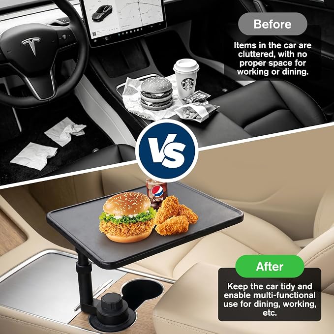 Car Desk for Laptop，Car Tray with 360° Rotating Cup Holder,Adjustable Height, Black Leather Texture Color Compatible with Tesla Model 3/Y/S, Ford，Toyota Sienna/Most Vehicles - Image 5