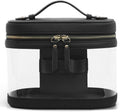 Travel Makeup Bag Clear Compact Make Up Vanity Case with Brush Storage and Top Handle, Toiletry Makeup Case Traveling Leather Cosmetic Bag, Portable Medium Large Sized Train Case, Black by POPVIBE