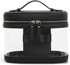 Travel Makeup Bag Clear Compact Make Up Vanity Case with Brush Storage and Top Handle, Toiletry Makeup Case Traveling Leather Cosmetic Bag, Portable Medium Large Sized Train Case, Black by POPVIBE