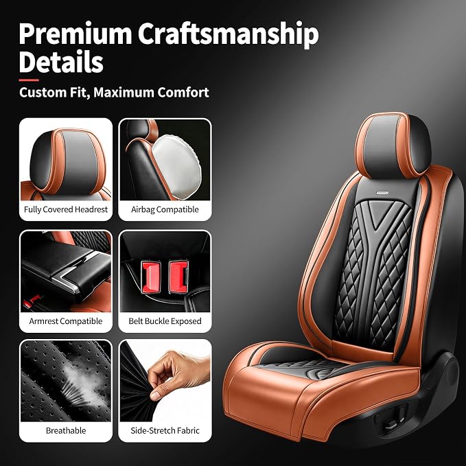 for GMC Terrain 2010-2025 2026 Car Seat Covers, Full Set, Brown | Luxury Full Coverage Leather Seat Protectors, Waterproof Breathable, Non-Slip, Easy to Install, Airbag Compatible, All-Season - Image 7