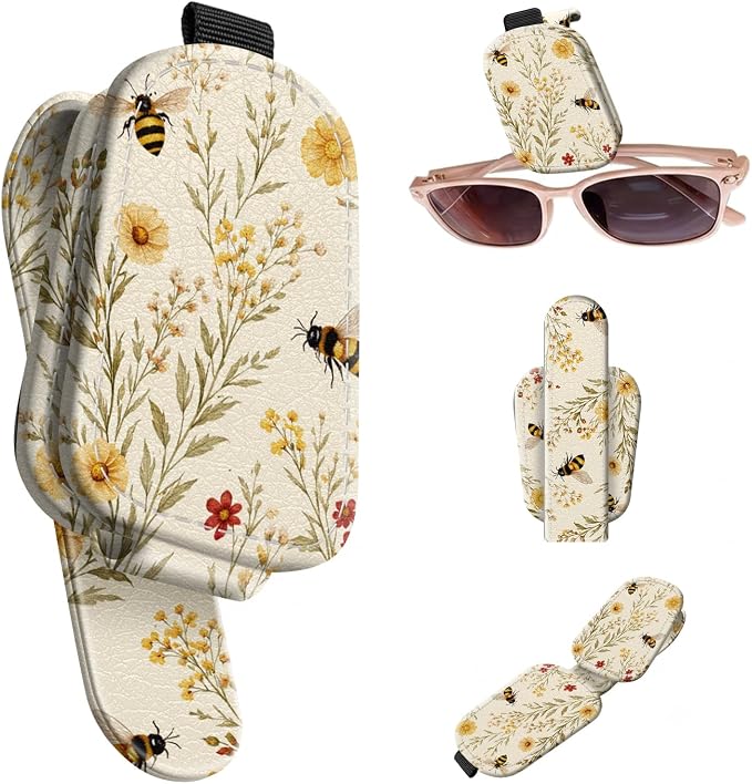 Sunglasses Holder for Car Visor, PU Leather Glasses Clip Organizer, Cute Magnetic Eyeglass Holder for Vehicle Sun Visor, Car Interior Accessory for Women & Men, Bee Flowers by Unknown