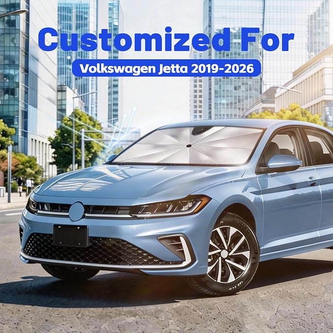 Car Windshield Sun Shade Umbrella for Volkswagen Jetta 2019-2026, 1:1 Fit | [Reflective Coated Fabric] Car Shades Sun Visor Keep Car Cool and Protects Interior, Sunshade Umbrella for Front Window - Image 2