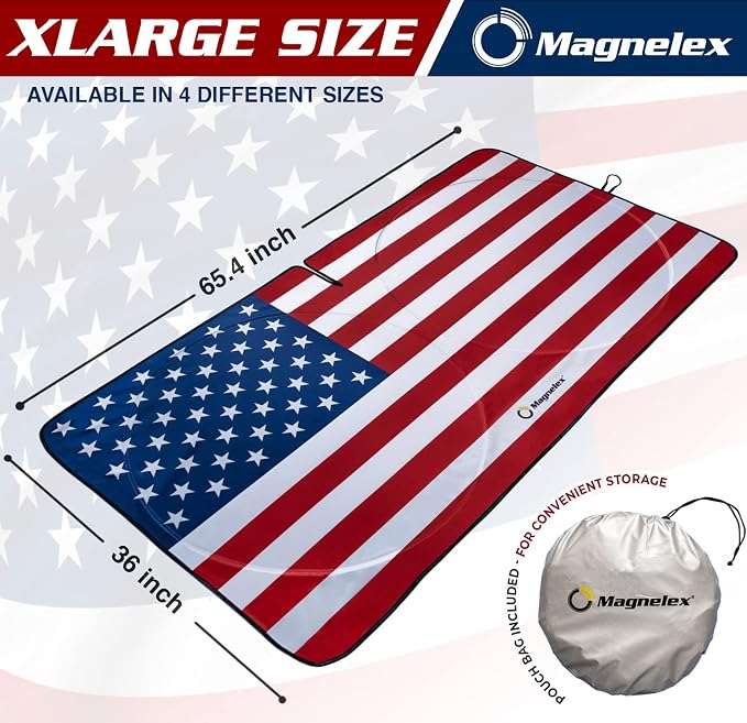 Magnelex American Flag Windshield Sun Shade, High-Resolution Sun Shield with Mirror Cut-Out for Automotive Interior Sun Protection Heat Reduction, Folding Car Sunshade with Storage Bag - X-Large - Image 2