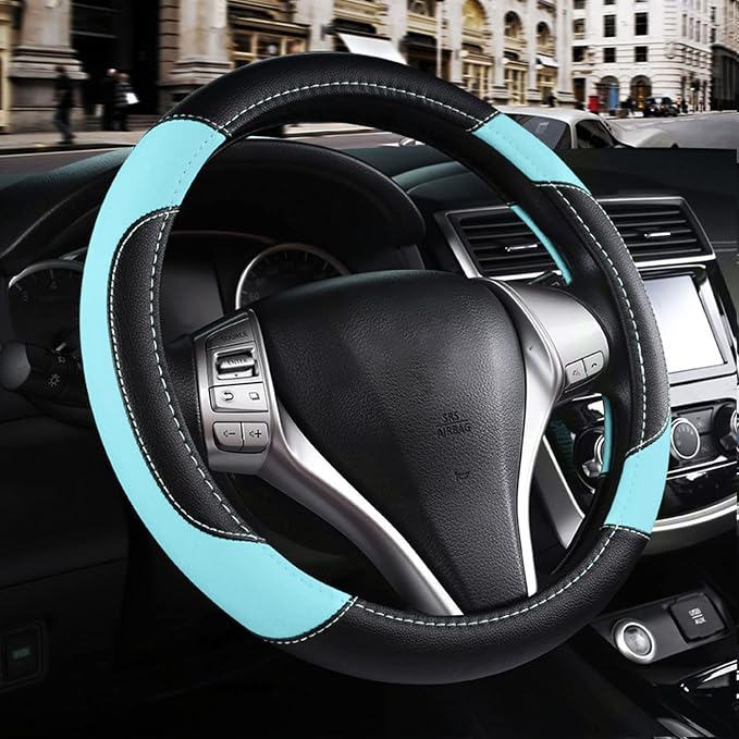 Leather Car Steering Wheel Cover, Universal Fit for Most Cars, Light Blue | Microfiber Leather,Non-Slip Breathable Auto Steering Wheel Protector by Szttswamp