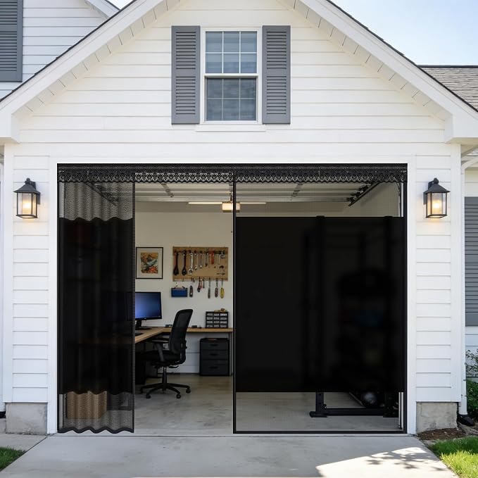 Privacy Garage Door Screen for Single Car Garage 8x7ft - Retractable Slide Track System, Heavy Duty PET Mesh with Blackout Privacy Panel, Magnetic Closure, Keeps Bugs Out, Fits Garage Opening 8 x 7 Ft by Fillis
