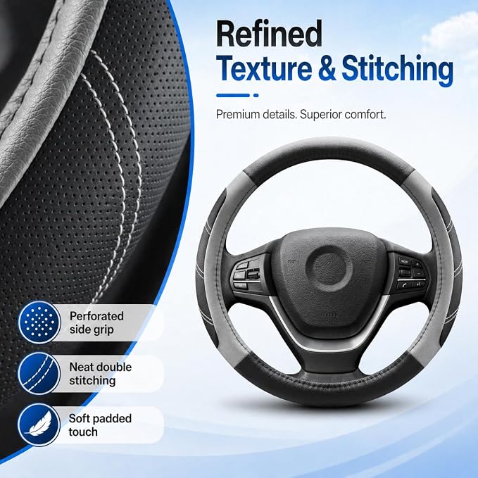 Elantrip Steering Wheel Cover for 14.5" to 15" Wheels, Soft Padded Grip with Anti-Slip Inner Lining, Breathable Comfort for Daily Driving, Easy Stretch Fit for Cars, SUVs and Trucks, Black/Gray - Image 5